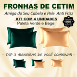 Fronha de Cetim para Cabelo e Pele Luxo Seda Anti Frizz Alto Brilho – Kit com 4 Fronhas Verde e Bege