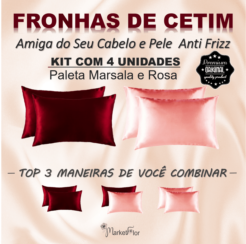 Fronha de Cetim para Cabelo e Pele Luxo Seda Anti Frizz Alto Brilho – Kit com 4 Fronhas Marsala e Rosa
